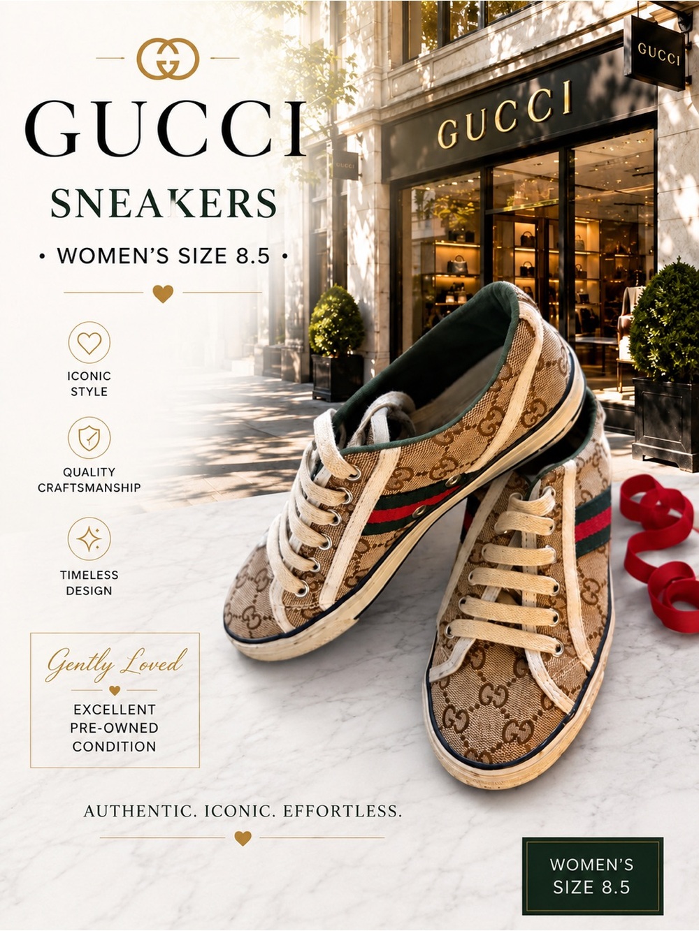 Gucci Beige GG Canvas Low-Top Sneakers with Green and Red Web Stripe Tennis 1977